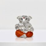 999 Silver Coated Ganesha Idol in Orange Dhoti for Home Decor – 6.5 cm