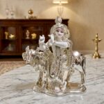 Luxury Silver Krishna with Kamadhenu Cow Idol – Elegant Marble Table Decor, Handcrafted Laddu Gopal Statue for Home Mandir, Spiritual
